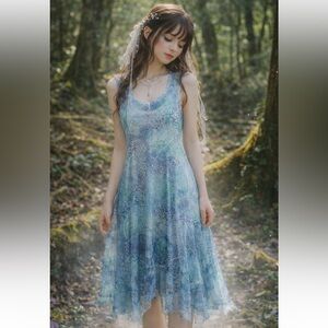 Komarov Asymmetrical Blue Green Crinkle Sheer Midi Dress Y2K Fairycore Boho Sz M